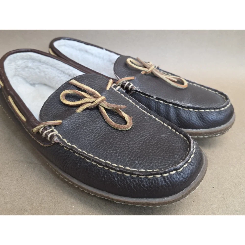 LL Bean Moccasin (Sz 10 M) Slipper Mens Brown Bow Slip On Loafer Leather 212984